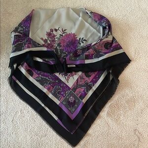 Large Black and Purple Floral Scarf by Fidan raw edges 46" x 46"